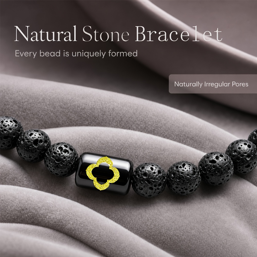 Women's Natural Stone Beaded Bracelet with Golden Four-Leaf Clover
